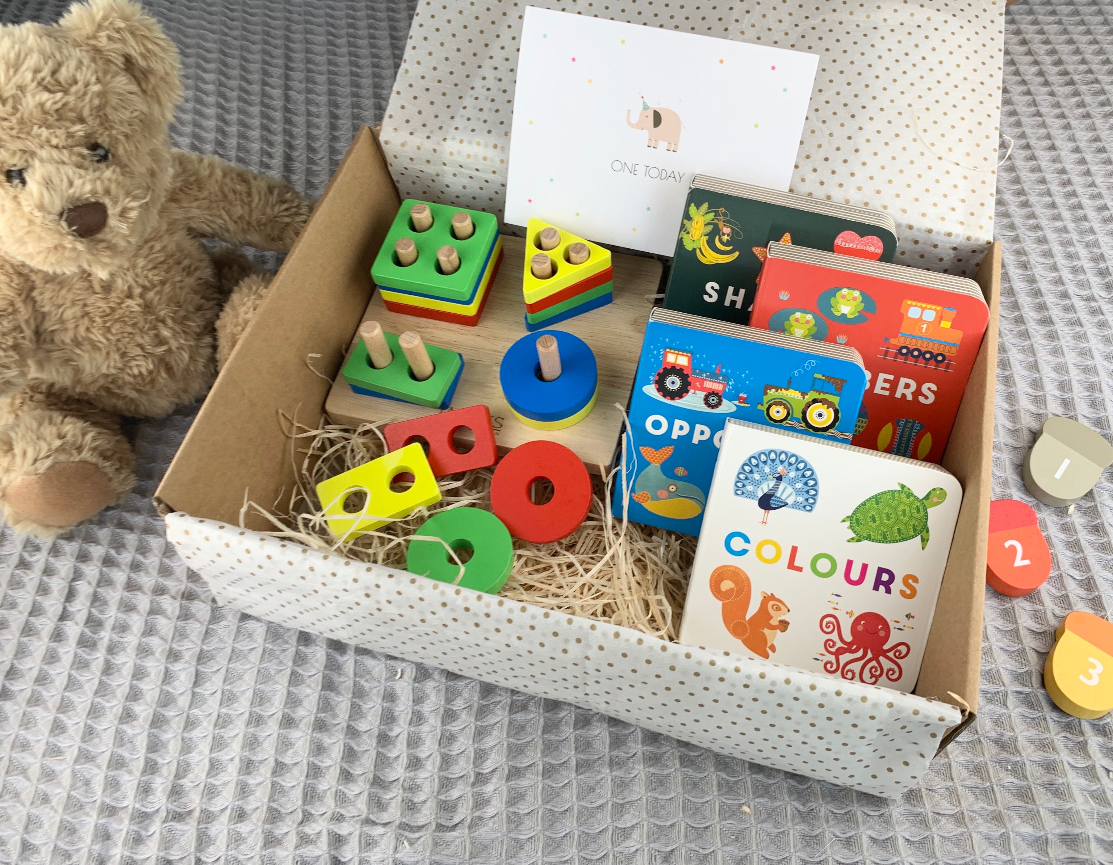 First Birthday Gift Box, colourful wooden puzzle, 4 learning books and first birthday card