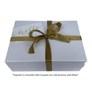 White keepsake box with gold ribbon