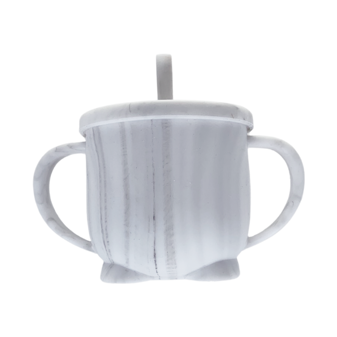 White and grey marble effect baby sippy cup with two handles and straw