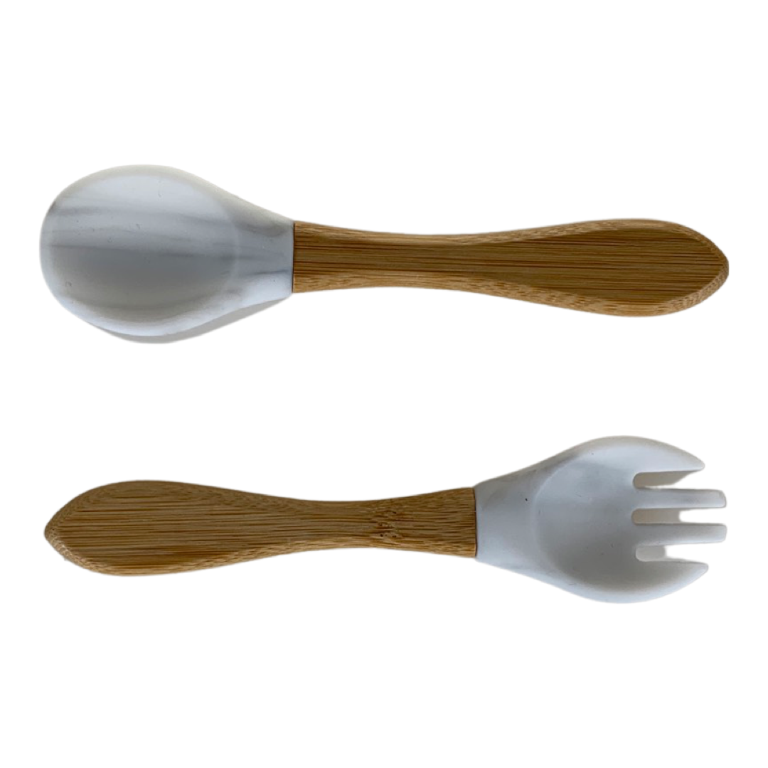 White and grey marble effect baby fork and spoon with natural wooden handles