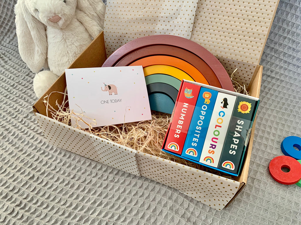 First Birthday Gift Box with wooden rainbow, one today birthday card and learning board book set