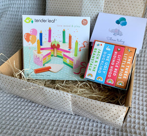 Third Birthday Gift Box with Wooden Toy Birthday Cake and Book Set