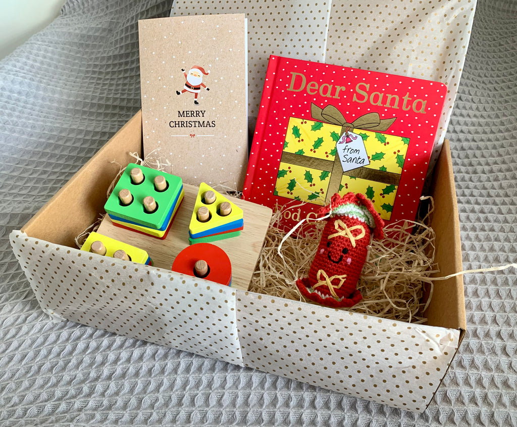 Bright Christmas gift box with Wooden Stacking Toy, Christmas Cracker Decoration and Dear Santa Book
