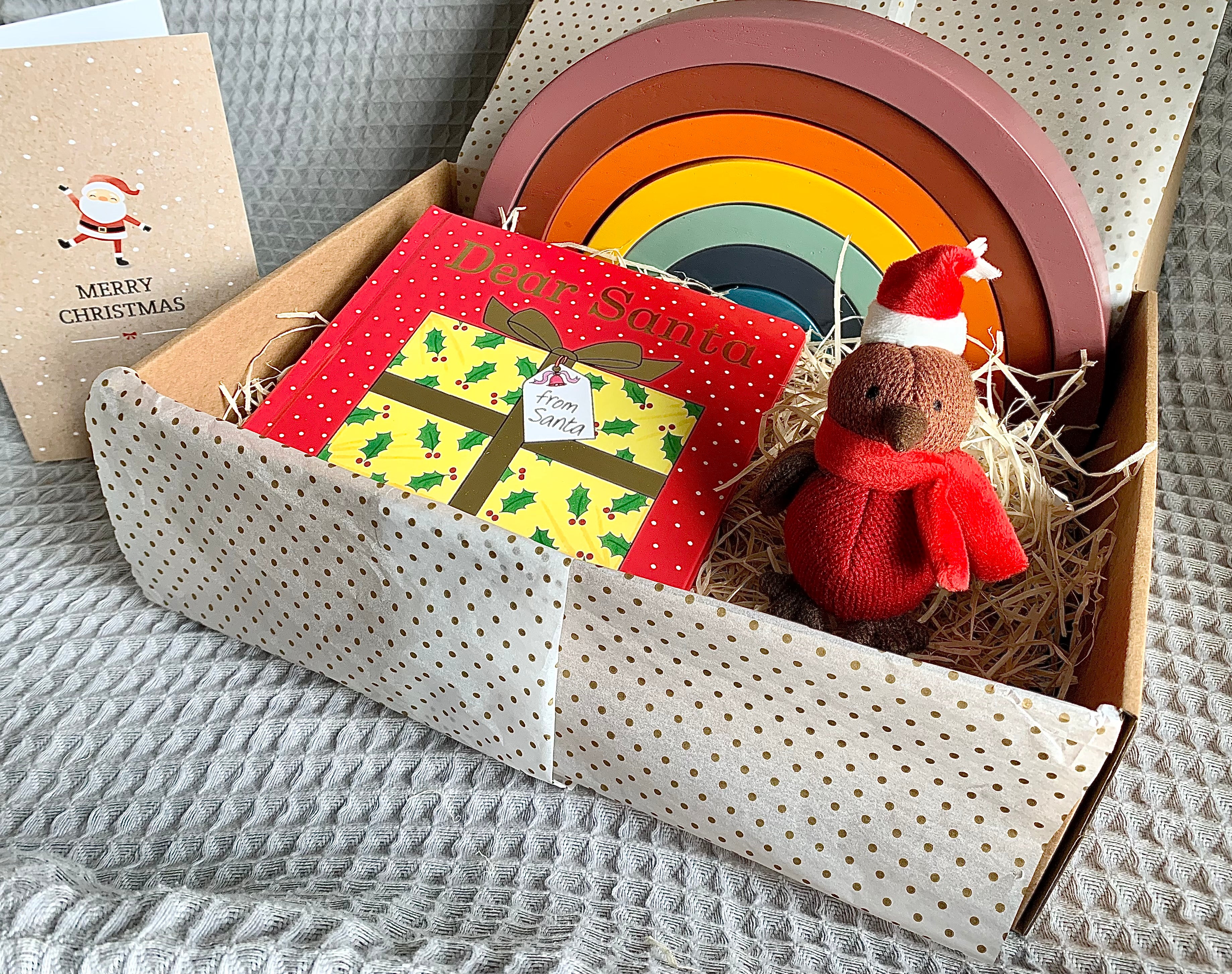 Christmas gift box with Wooden Toy Rainbow, Robin Christmas Decoration and Dear Santa Book