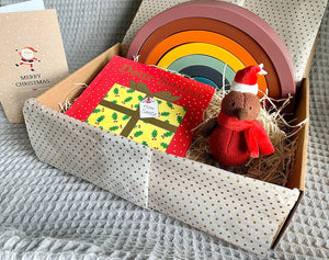 Christmas gift box with Wooden Toy Rainbow, Robin Christmas Decoration and Dear Santa Book