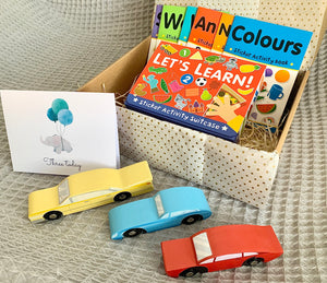Third birthday gift box with 3 wooden retro cars, let's learn activity suitcase and three today card